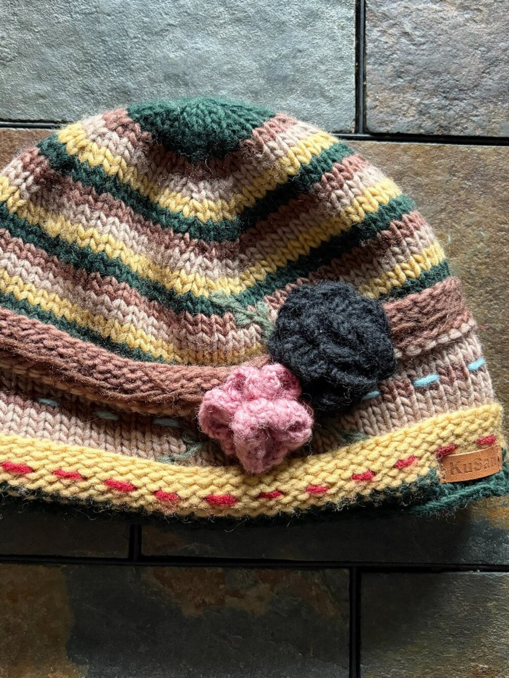 Cottagecore KuSan, 100% wool outer, flower beanie, fleece lined hat, OSFM